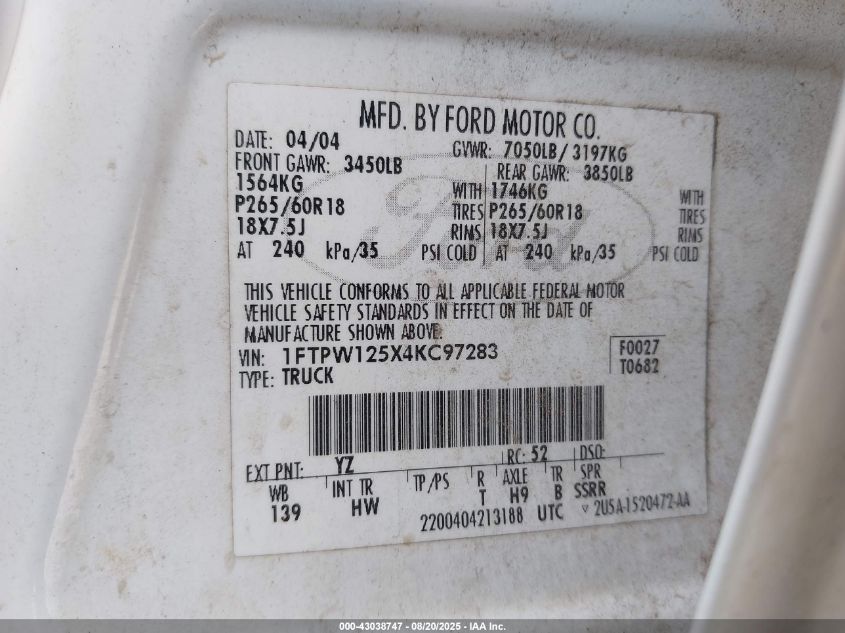 2004 Ford F-150 Lariat/Xlt VIN: 1FTPW125X4KC97283 Lot: 43038747