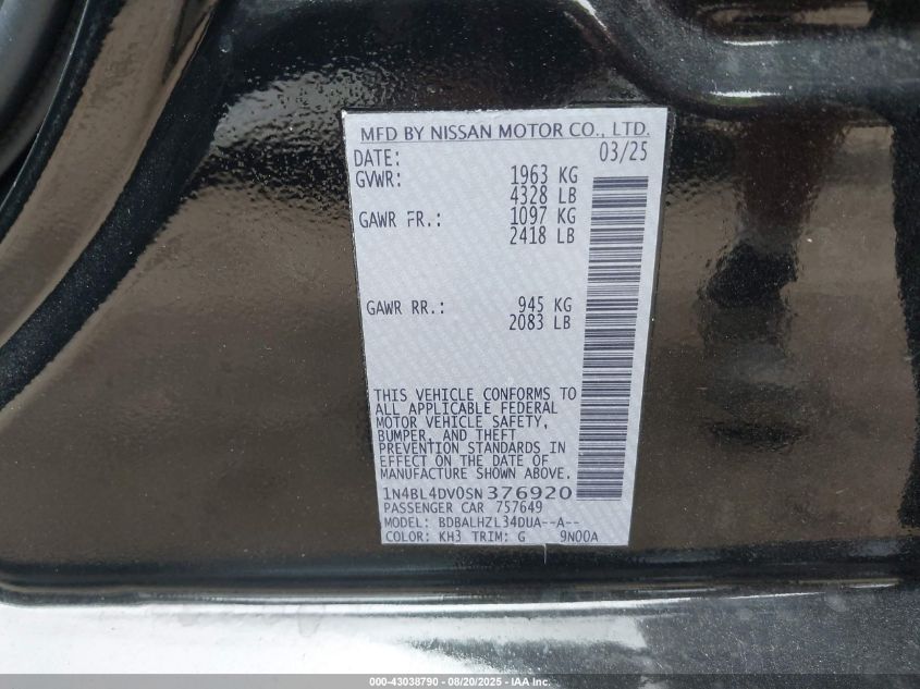 2025 Nissan Altima Sv Fwd VIN: 1N4BL4DV0SN376920 Lot: 43038790