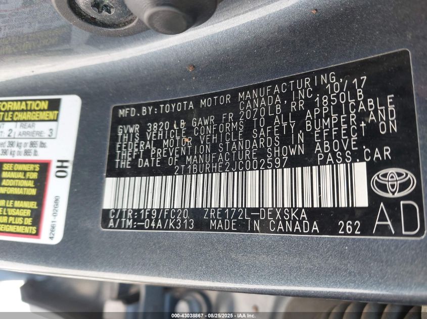 2018 TOYOTA COROLLA SE - 2T1BURHE2JC002597