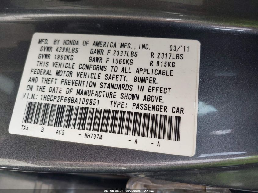 2011 Honda Accord 2.4 Se VIN: 1HGCP2F66BA109951 Lot: 43038881
