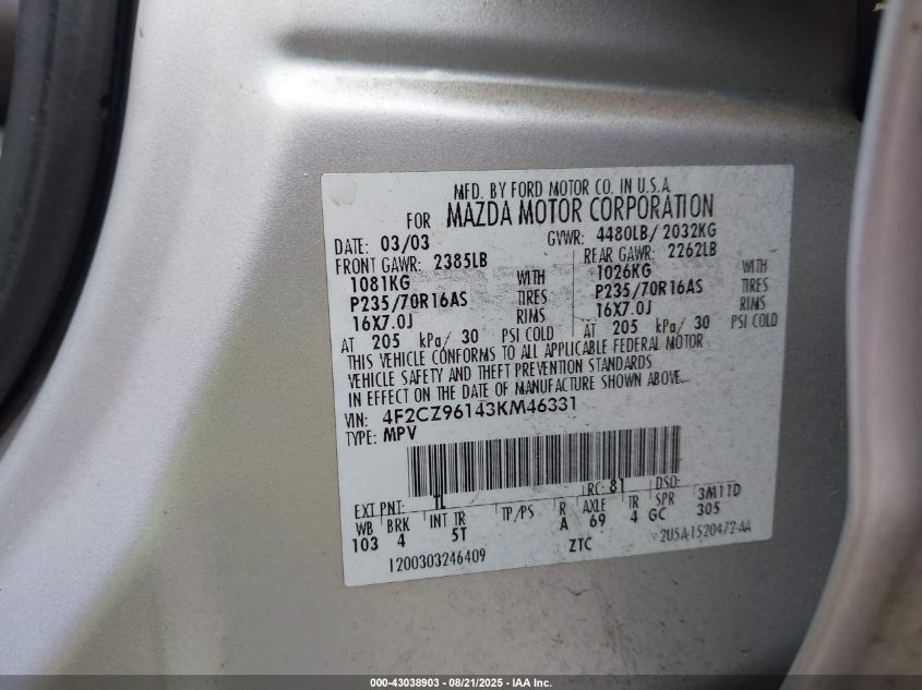 2003 Mazda Tribute Es V6 VIN: 4F2CZ96143KM46331 Lot: 43038903