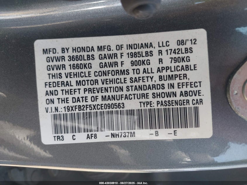 2012 Honda Civic Lx VIN: 19XFB2F5XCE090563 Lot: 43038910