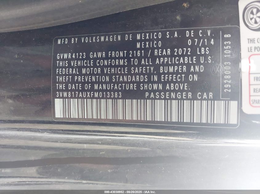 2015 Volkswagen Golf Launch Edition 2-Door VIN: 3VW817AUXFM013383 Lot: 43038952