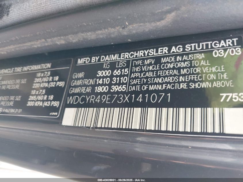 2003 Mercedes-Benz G 500 VIN: WDCYR49E73X141071 Lot: 43039001