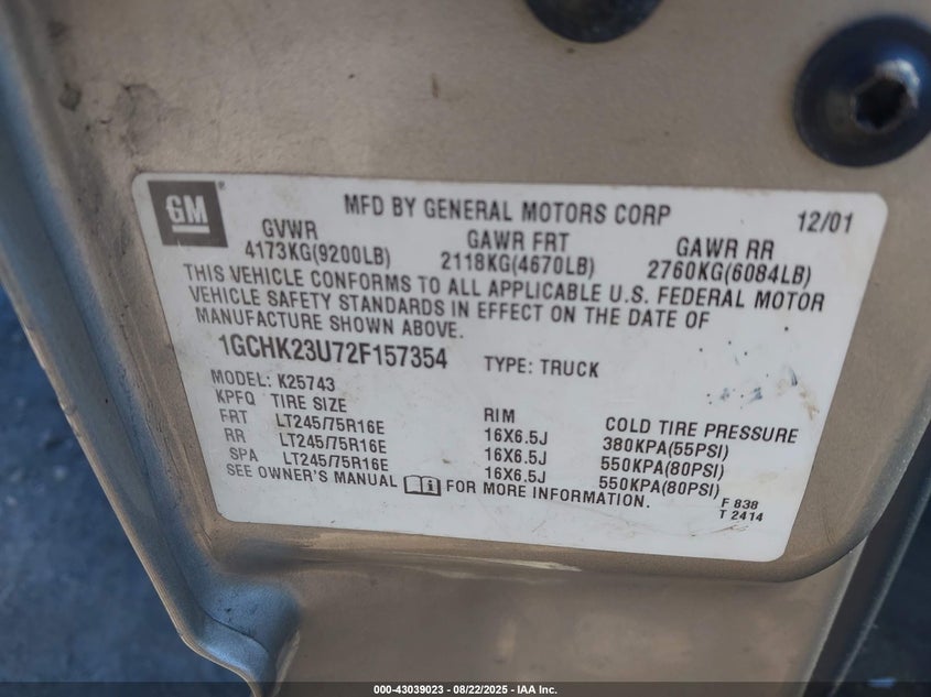 2002 Chevrolet Silverado 2500Hd Lt VIN: 1GCHK23U72F157354 Lot: 43039023