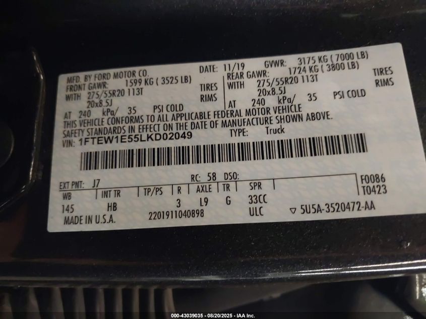 2020 Ford F-150 Lariat VIN: 1FTEW1E55LKD02049 Lot: 43039035