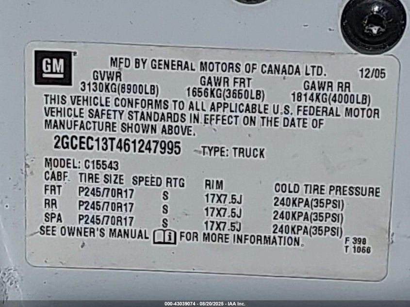 2006 Chevrolet Silverado 1500 Lt2 VIN: 2GCEC13T461247995 Lot: 43039074