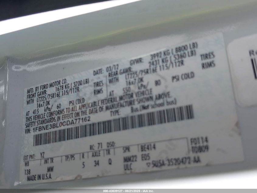 2012 Ford E-350 Super Duty Xlt VIN: 1FBNE3BL0CDA77162 Lot: 43039127