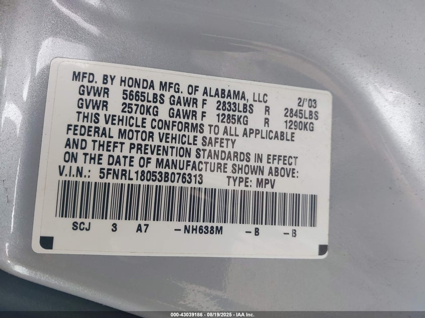 2003 Honda Odyssey Ex-L VIN: 5FNRL18053B076313 Lot: 43039186