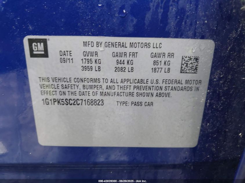 2012 Chevrolet Cruze Eco VIN: 1G1PK5SC2C7168823 Lot: 43039300