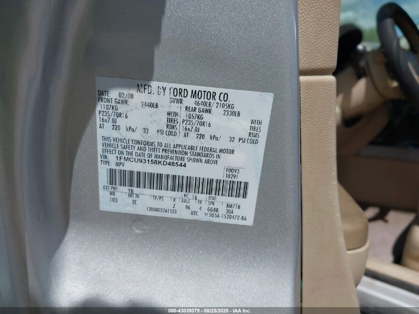 2008 Ford Escape Xlt VIN: 1FMCU93158KD48544 Lot: 43039379