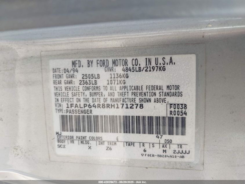 1994 Ford Thunderbird Super Coupe VIN: 1FALP64R8RH171278 Lot: 43039473