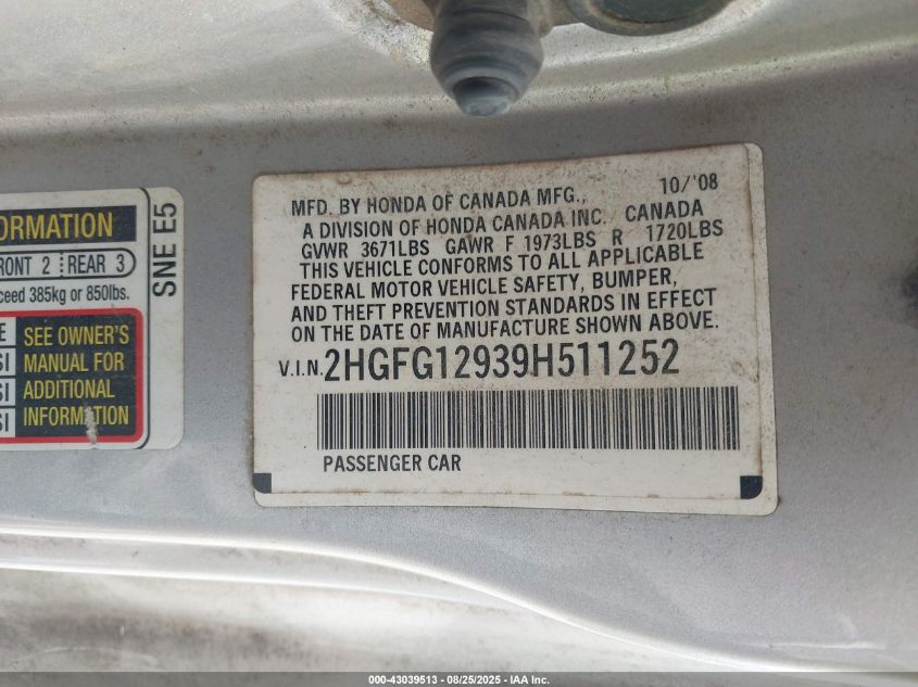 2009 Honda Civic Ex-L VIN: 2HGFG12939H511252 Lot: 43039513