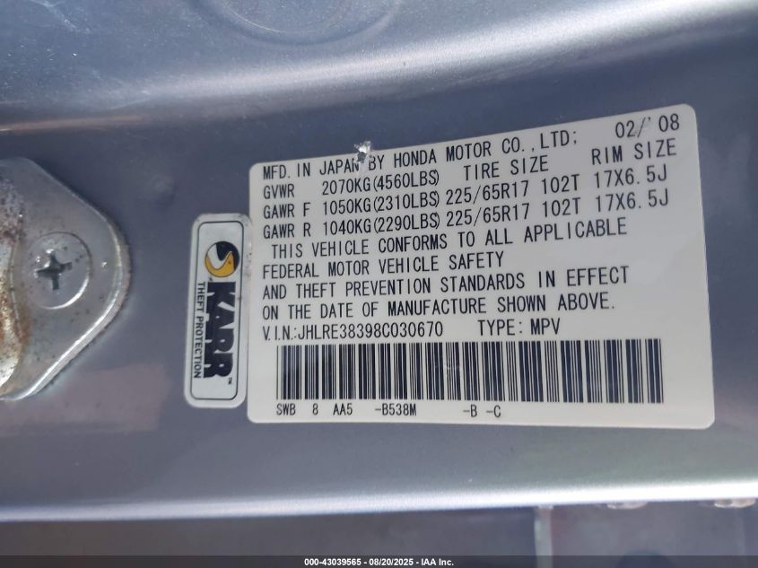 2008 Honda Cr-V Lx VIN: JHLRE38398C030670 Lot: 43039565