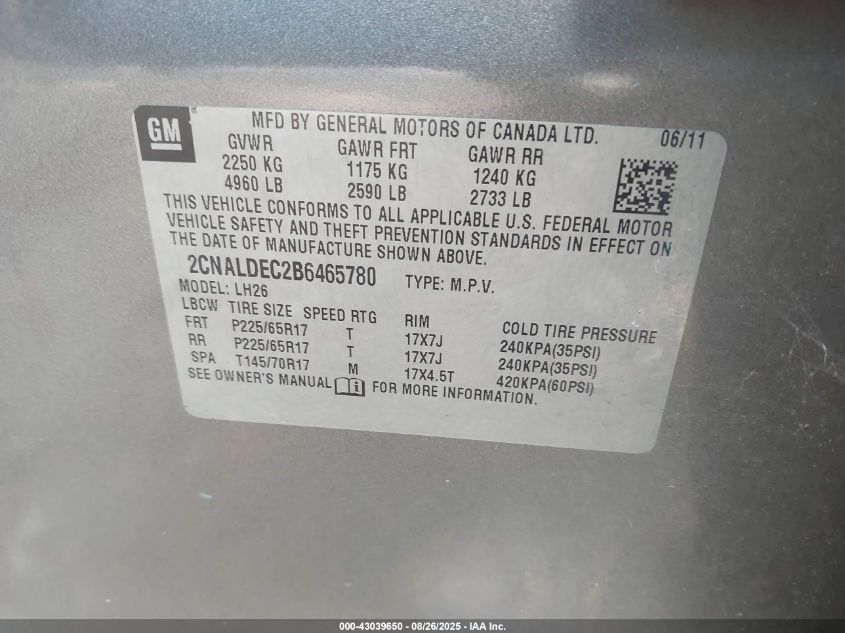 2011 Chevrolet Equinox 1Lt VIN: 2CNALDEC2B6465780 Lot: 43039650