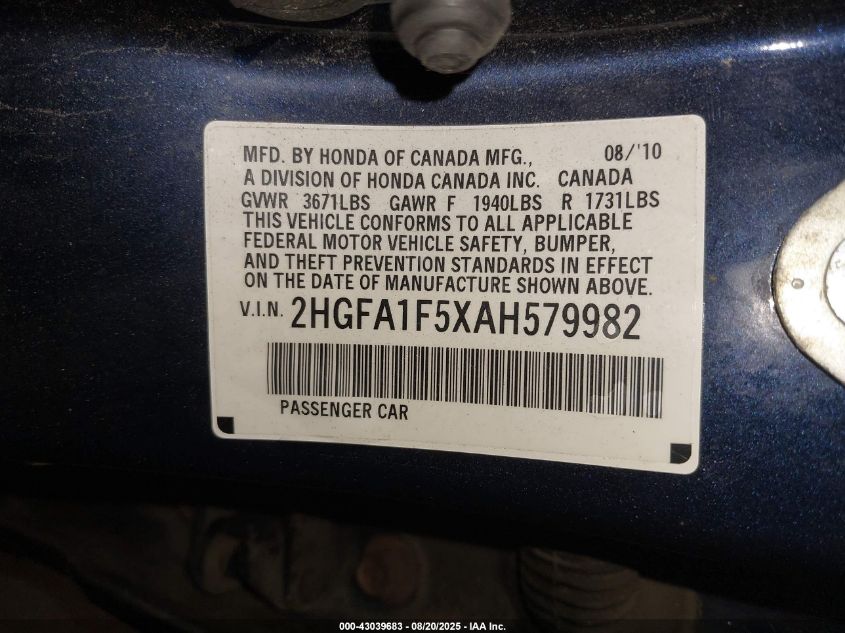 2010 Honda Civic Lx VIN: 2HGFA1F5XAH579982 Lot: 43039683