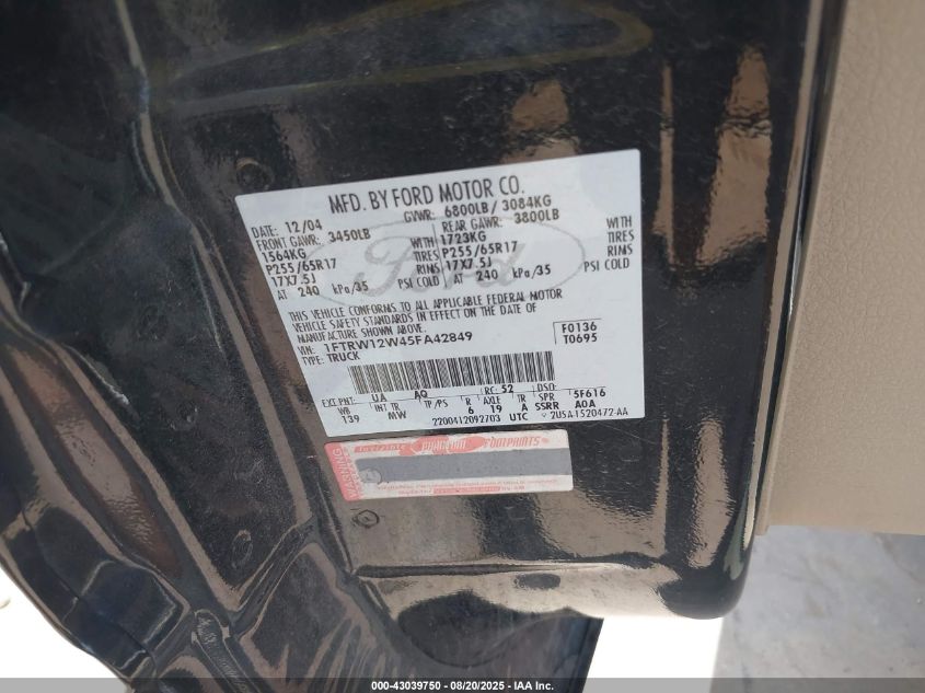 2005 Ford F-150 Xlt VIN: 1FTRW12W45FA42849 Lot: 43039750