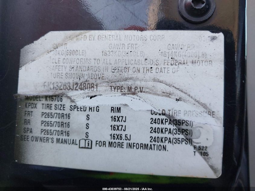 2003 Chevrolet Tahoe Ls VIN: 1GNEK13Z63J248081 Lot: 43039753