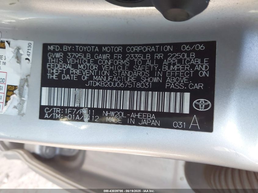 2006 Toyota Prius VIN: JTDKB20U067518031 Lot: 43039786