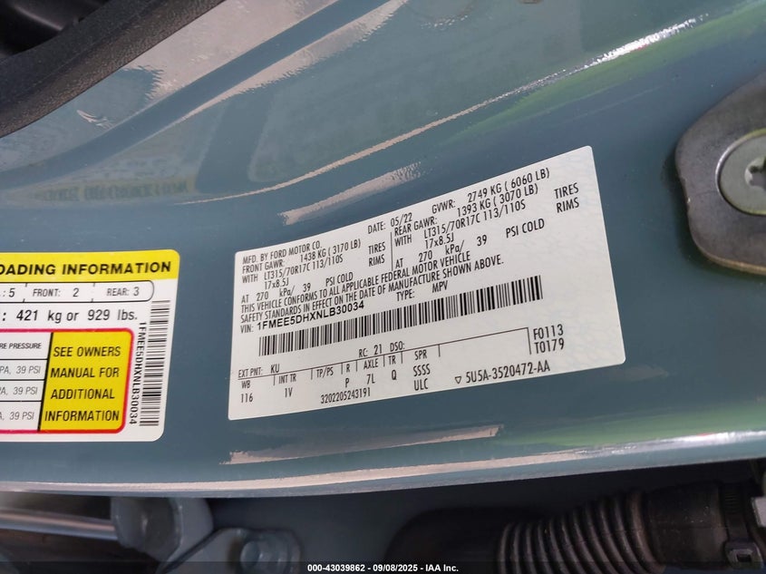 2022 Ford Bronco Badlands VIN: 1FMEE5DHXNLB30034 Lot: 43039862