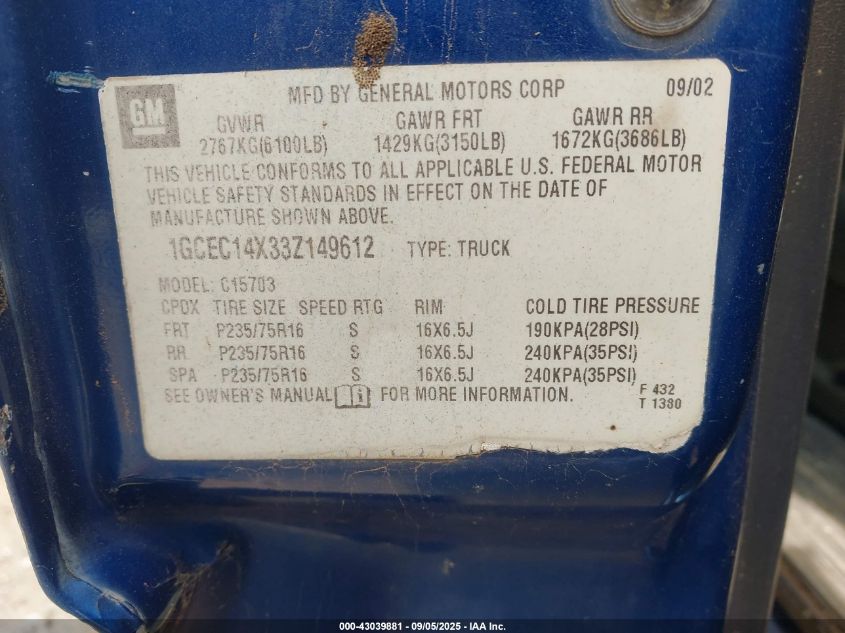 2003 Chevrolet Silverado 1500 VIN: 1GCEC14X33Z149612 Lot: 43039881