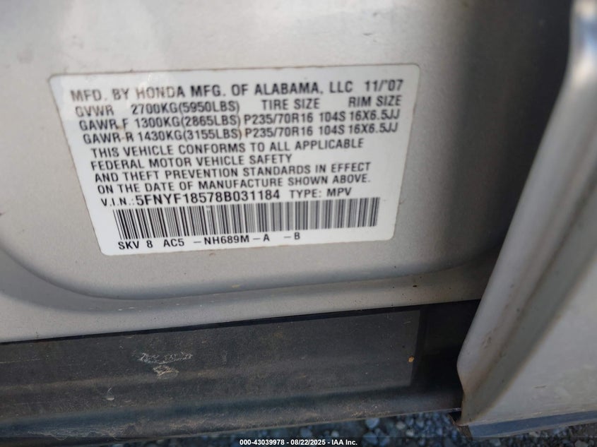 2008 Honda Pilot Ex-L VIN: 5FNYF18578B031184 Lot: 43039978