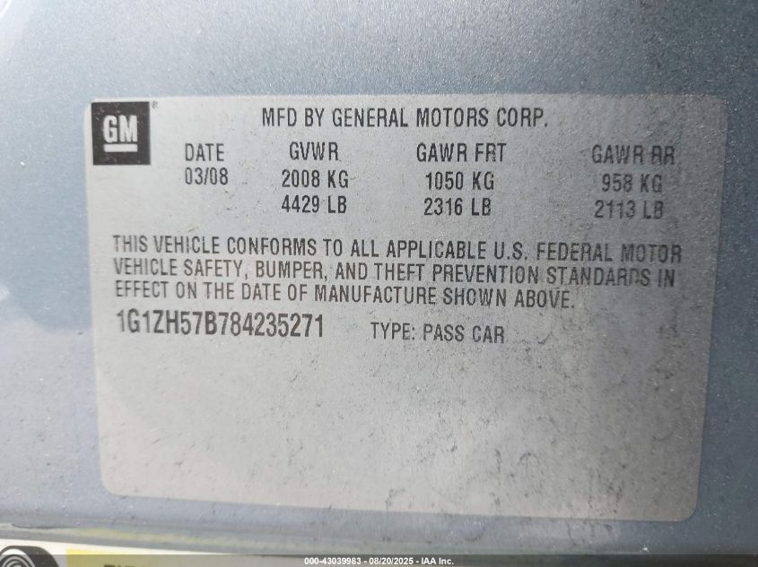 2008 Chevrolet Malibu Lt VIN: 1G1ZH57B784235271 Lot: 43039983