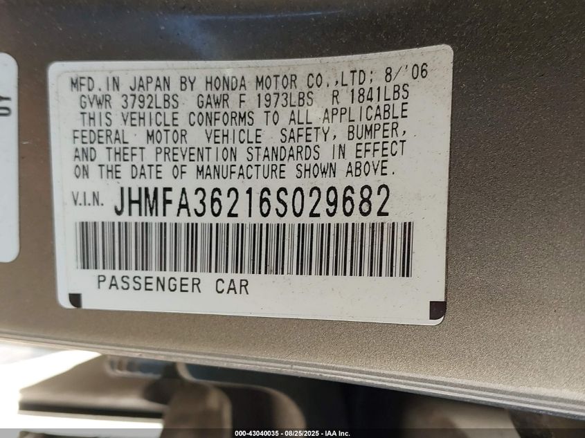 2006 Honda Civic Hybrid VIN: JHMFA36216S029682 Lot: 43040035