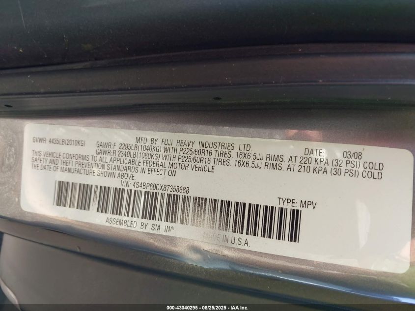 2008 Subaru Outback VIN: 4S4BP60CX87358688 Lot: 43040295