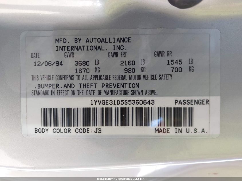1995 Mazda Mx-6 Ls VIN: 1YVGE31D5S5360643 Lot: 43040319