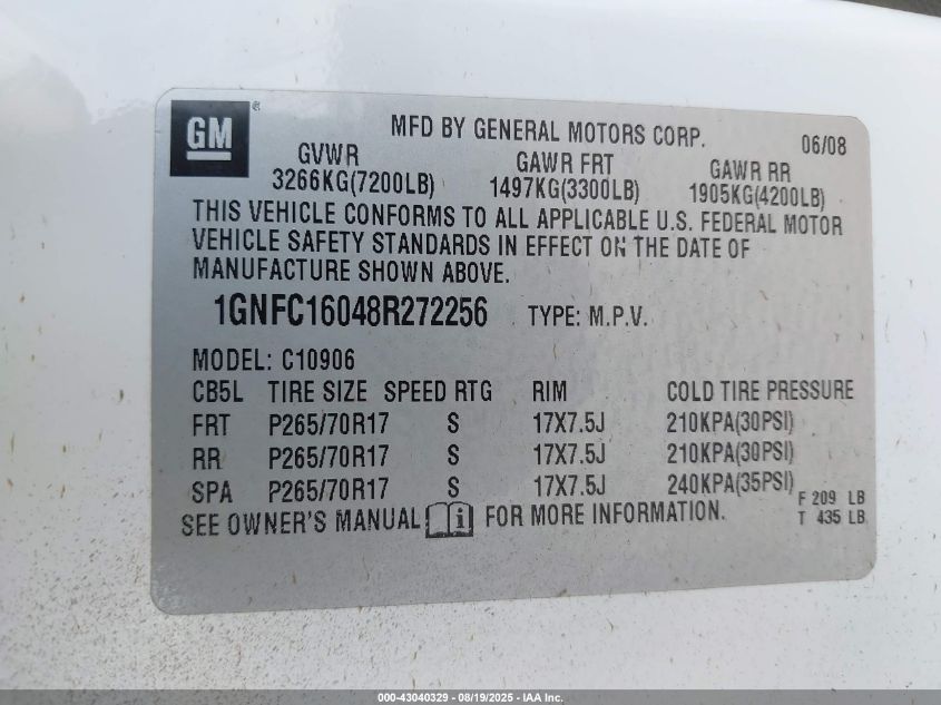 2008 Chevrolet Suburban 1500 Lt VIN: 1GNFC16048R272256 Lot: 43040329