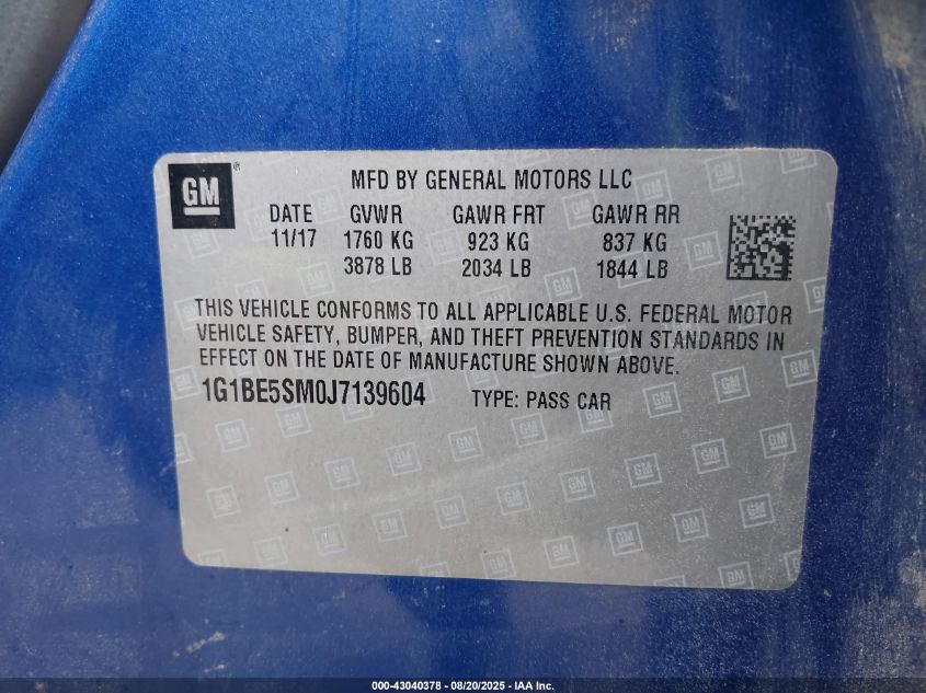 2018 Chevrolet Cruze Lt Auto VIN: 1G1BE5SM0J7139604 Lot: 43040378