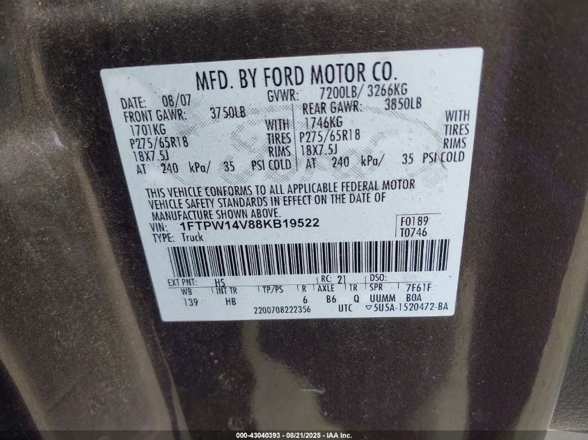 2008 Ford F-150 60Th Anniversary/Fx4/King Ranch/Lariat/Xlt VIN: 1FTPW14V88KB19522 Lot: 43040393