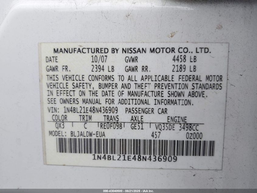 2008 Nissan Altima 3.5 Se VIN: 1N4BL21E48N436909 Lot: 43040500