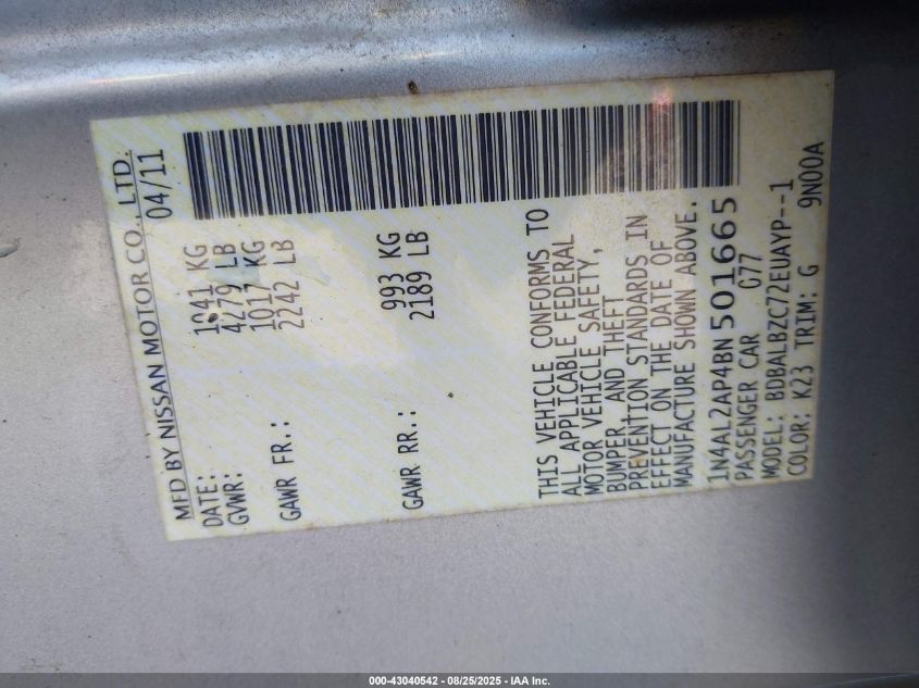 2011 Nissan Altima 2.5 S VIN: 1N4AL2AP4BN501665 Lot: 43040542