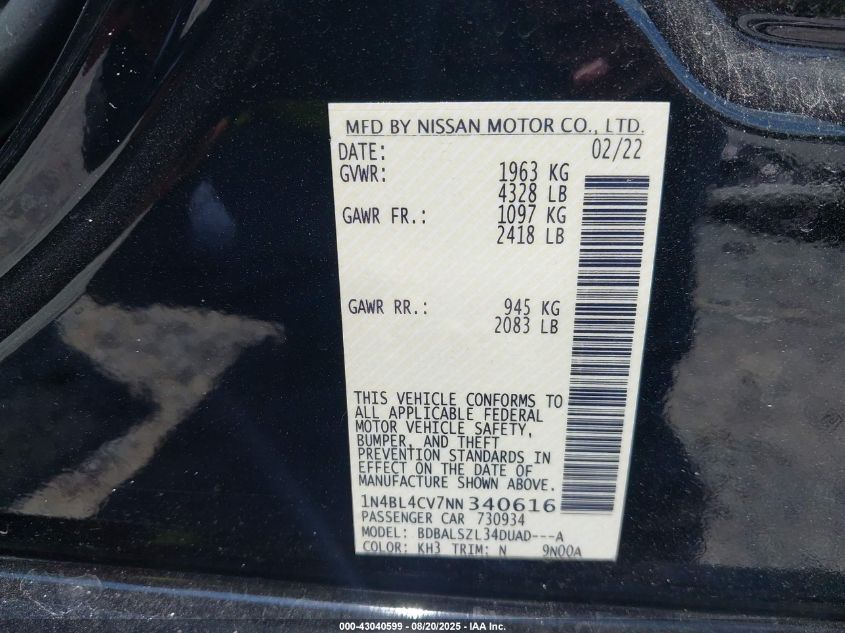 2022 Nissan Altima Sr Fwd VIN: 1N4BL4CV7NN340616 Lot: 43383507