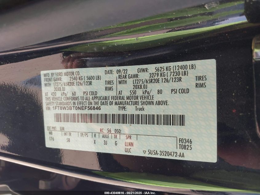 2022 Ford F-350 Lariat VIN: 1FT8W3BT0NEF56846 Lot: 43040616