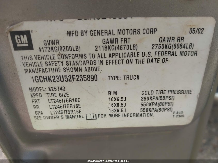 2002 Chevrolet Silverado 2500Hd Ls VIN: 1GCHK23U52F235890 Lot: 43040627
