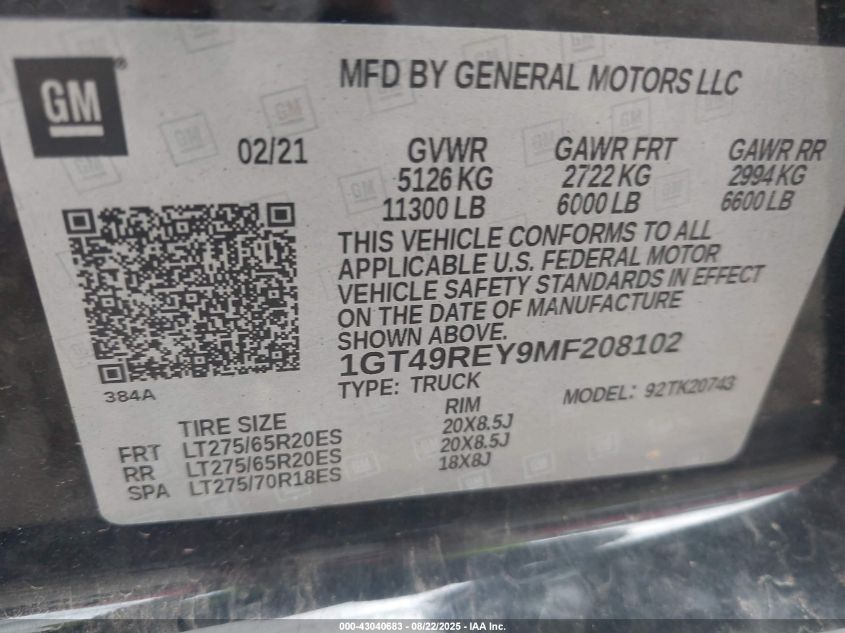 2021 GMC Sierra 2500Hd 4Wd Standard Bed Denali VIN: 1GT49REY9MF208102 Lot: 43040683