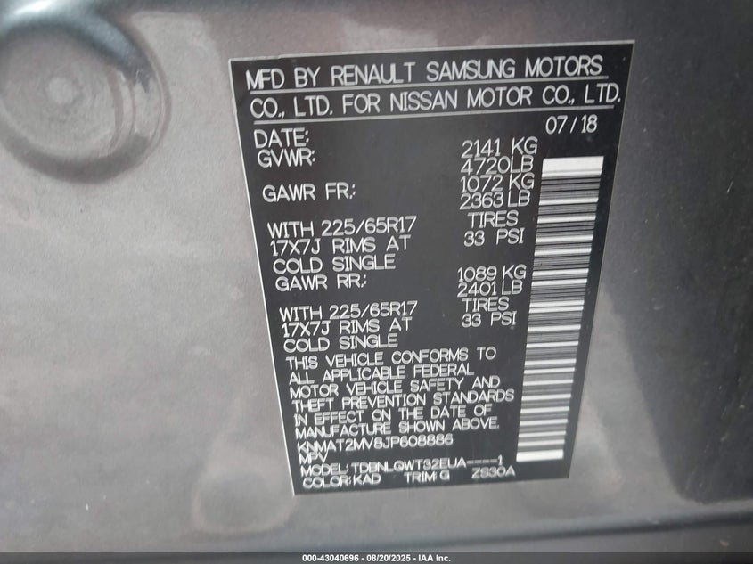 2018 NISSAN ROGUE SV - KNMAT2MV8JP608886