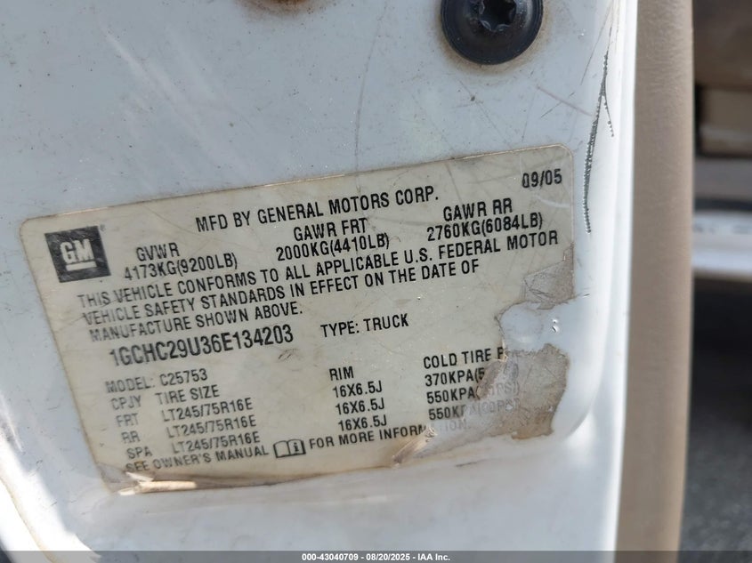 2006 Chevrolet Silverado 2500Hd Work Truck VIN: 1GCHC29U36E134203 Lot: 43040709