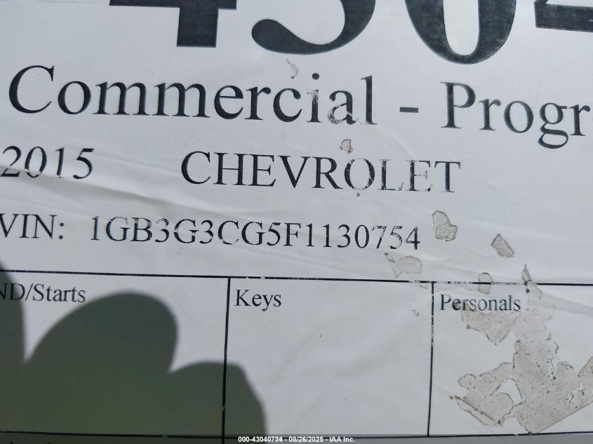 2015 Chevrolet Express Cutaway 3500 VIN: 1GB3G3CG5F1130754 Lot: 43040734