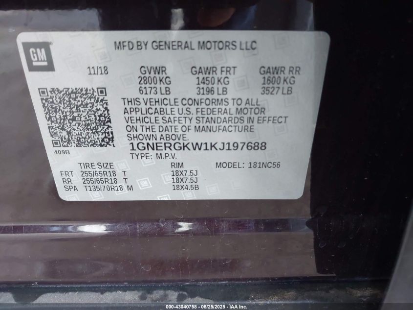 2019 Chevrolet Traverse 1Lt VIN: 1GNERGKW1KJ197688 Lot: 43040758