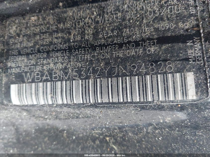 2000 BMW 328 Ci VIN: WBABM5342YJN94828 Lot: 43040803