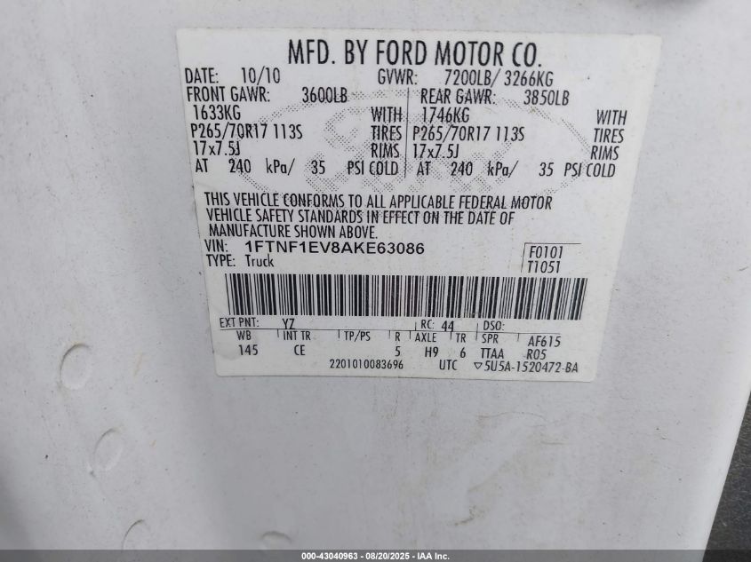 2010 Ford F-150 Xl/Xlt VIN: 1FTNF1EV8AKE63086 Lot: 43040963