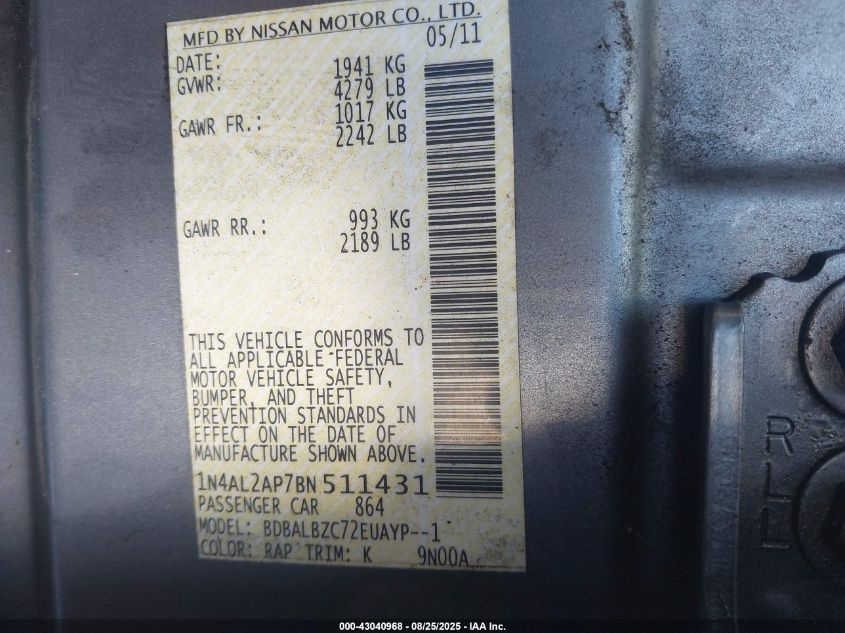 2011 Nissan Altima 2.5 S VIN: 1N4AL2AP7BN511431 Lot: 43040968