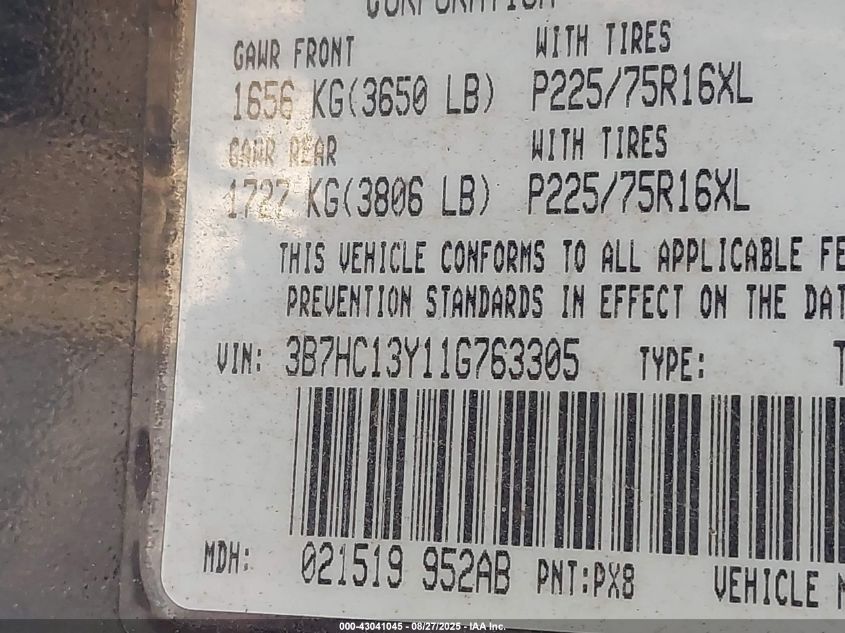 2001 Dodge Ram 1500 St VIN: 3B7HC13Y11G763305 Lot: 43041045