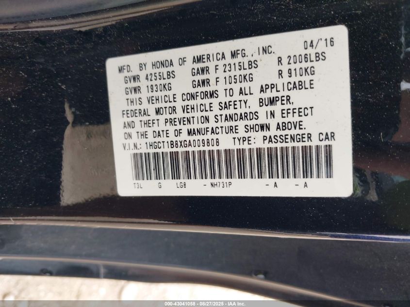 2016 Honda Accord Ex-L VIN: 1HGCT1B8XGA009808 Lot: 43041058