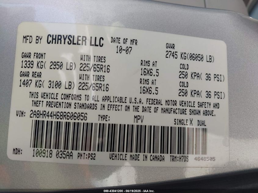 2008 Chrysler Town & Country Lx VIN: 2A8HR44H68R606056 Lot: 43041200