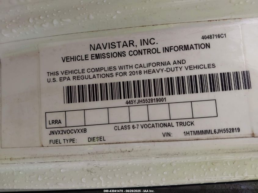 2018 International Durastar 4300 VIN: 1HTMMMML6JH552819 Lot: 43041478